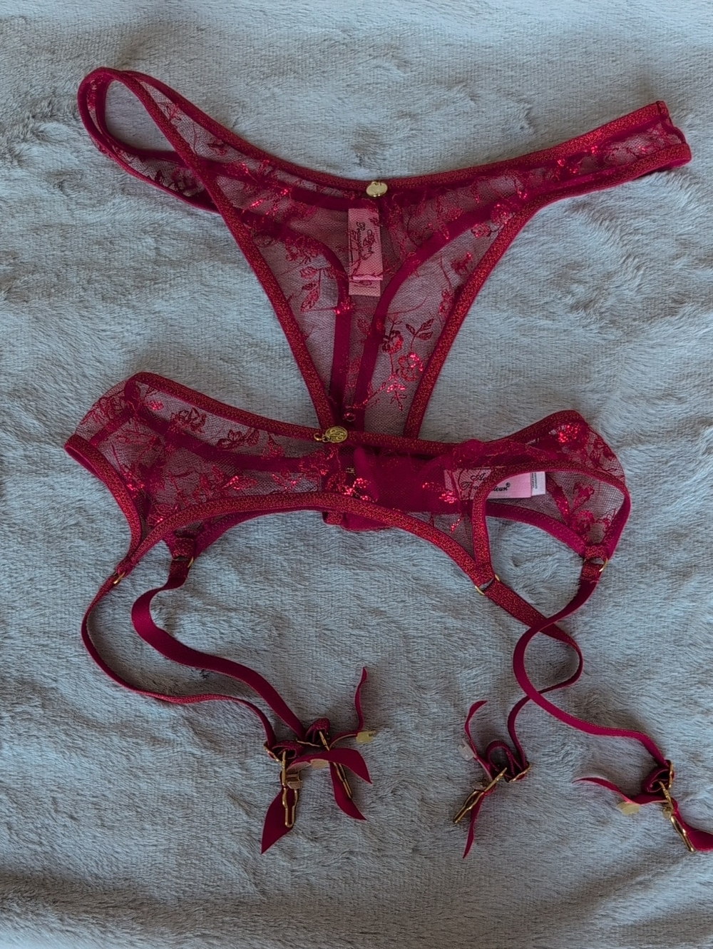 Agent Provocateur Sheer Floral Lace Garter Thong Set - Red